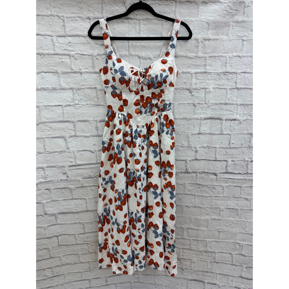 Reformation Balia Linen Strawberry Print Basque Waist Midi Dress White Red Sz 2 - Picture 13 of 16
